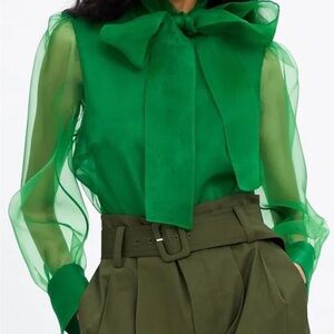 Zara Emerald Green Sheer Bow-Neck Blouse